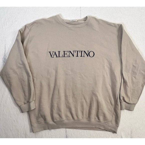 Valentino Sweatshirt Mens XL Beige Logo Crewneck Made in Italy Cotton Vintage